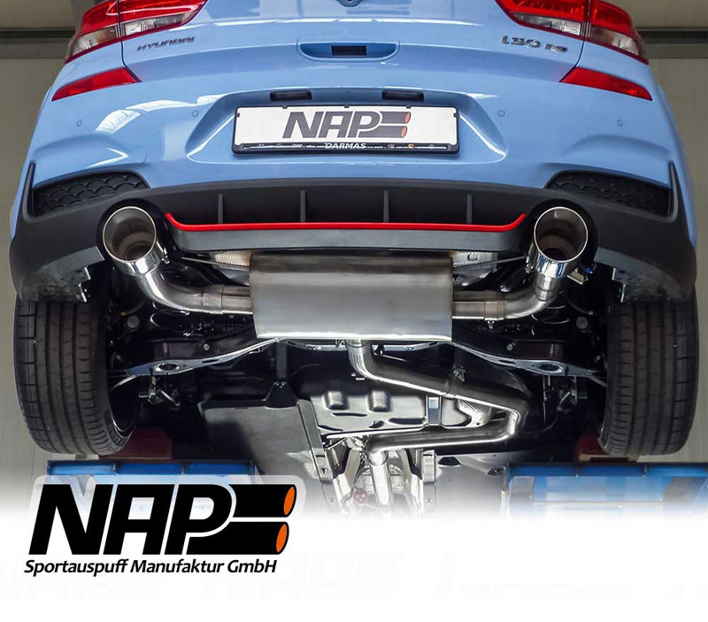NAP Sportauspuff / Klappen-Anlage 70mm ab Kat. für: HYUNDAI i30 N Performance - PDE / 2.0T - 202 kW, ohne/mit OPF |  Endrohre: 2x 130 rund,schräg, poliert |  Endrohre schwarz + 100.-, Carbon + 200.- / Klappensteuerung über Performance-Taste