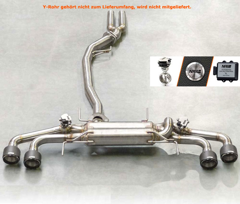 NAP Sportauspuff / Klappen-Anlage 70mm ab Kat. für: NISSAN GT-R / 3.8T - 357,390,404 kW |  Endrohre: 4x 114 rund,schräg - poliert /  4x Carbon 114 + Fr. 320.-