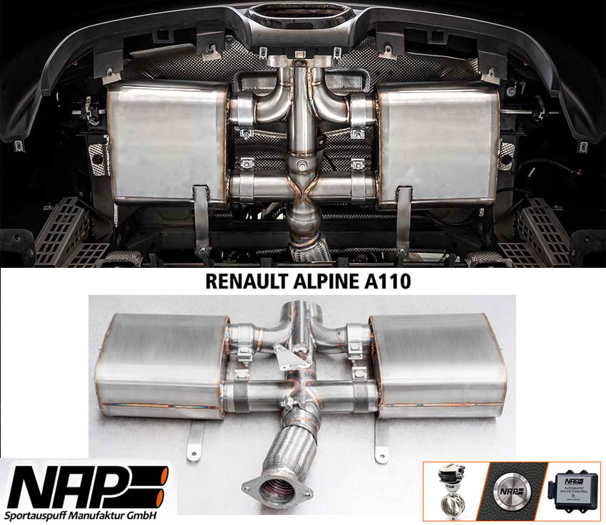 NAP Sportauspuff / Klappen-Anlage ab Kat. für: ALPINE A110 / 1.8T - 215 kW, ohne OPF |  Endrohre: nicht sichtbar, Optik bleibt orig. / mit CH-Gutachten