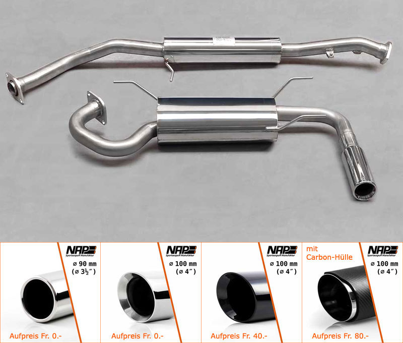 NAP Sportauspuff Edelstahl / Anlage ab Kat. für: MAZDA MX-5 - NA / 1.6i-66/85kW, 1.8i-96kW | Endrohre: Auswahl gemäss Produktbild