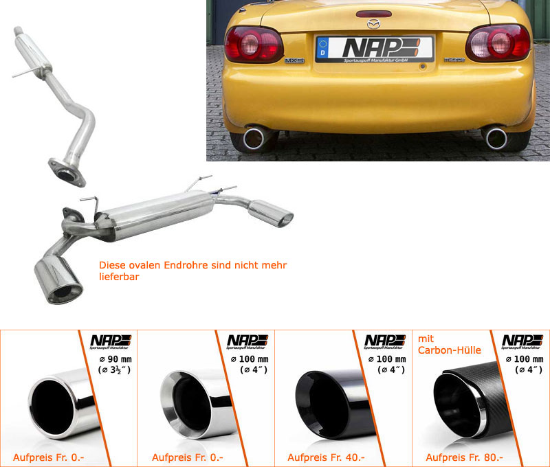NAP Sportauspuff Edelstahl / Duplex-Anlage ab Kat. für: MAZDA MX-5 - NB  / 1.6i,1.8i - 81,102,103,107 kW |  versch. Endrohr-Varianten möglich