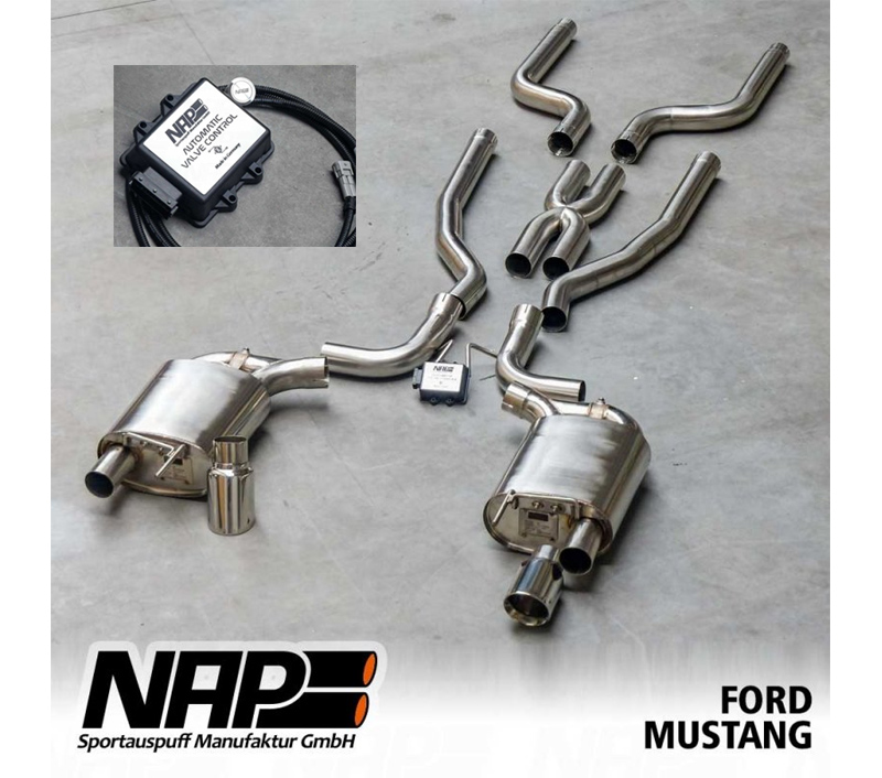 NAP Sportauspuff / Klappen-Anlage ab Kat. für: FORD Mustang GT / 2015- / 5.0 - 310 kW |  Endrohre: 2x 100 rund,gerade |  Anlage hat statt einem VSD eine X-Pipe / mit CH-Gutachten