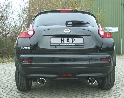 NAP Sportauspuff / Duplex-ESD für: NISSAN Juke - 2WD / 1.6-86kW, 1.6T-140kW, 1.5dCi-81kW | mit Endrohren 2x 78x97 oval,eingerollt,DTM / weitere Endrohr-Varianten möglich