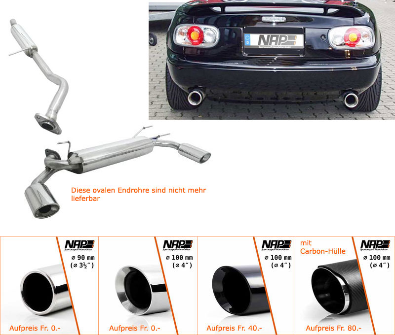 NAP Sportauspuff Edelstahl / Duplex-Anlage ab Kat. für: MAZDA MX 5 - NA / 1.6i-66/85kW, 1.8i-96kW | versch. Endrohr-Varianten möglich