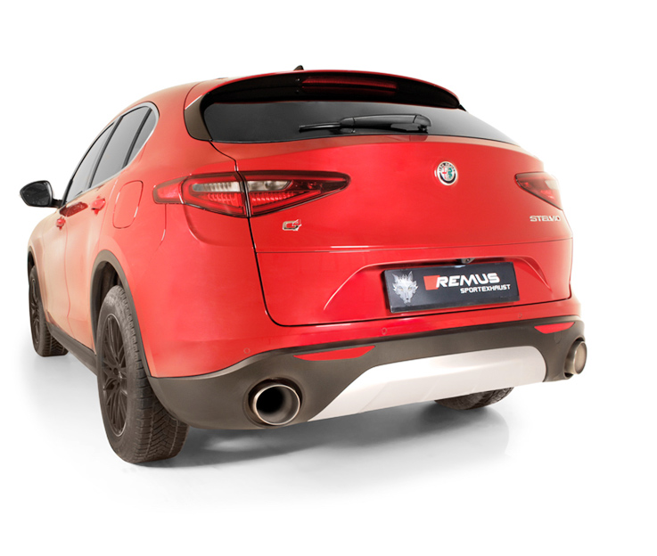 REMUS Sportauspuff / Duplex-ESD 70mm für: ALFA ROMEO Stelvio Q4 / 2.0T - 206 kW, ohne/mit OPF | Endrohre 2x 127 rund, schräg - verchromt