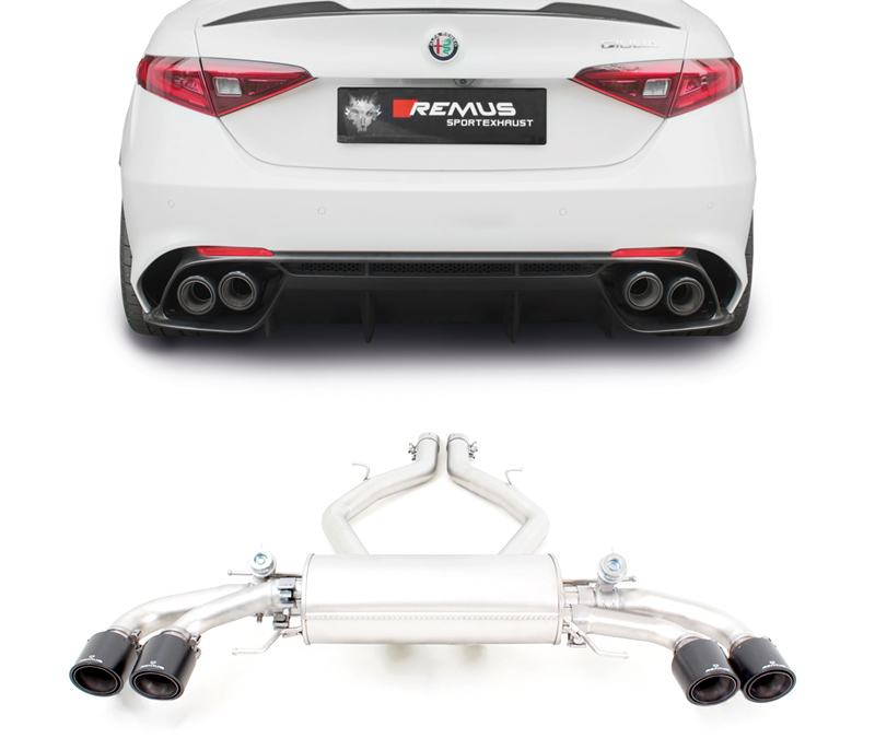 REMUS Sportauspuff / Duplex-ESD 2x 70mm für: ALFA ROMEO Giulia Quadrifoglio - 952 / 2.9 V6 QV - 375 kW | Endrohre 4x 102 rund - Carbon/Titan  |  mit 2 pneumatischen Klappen