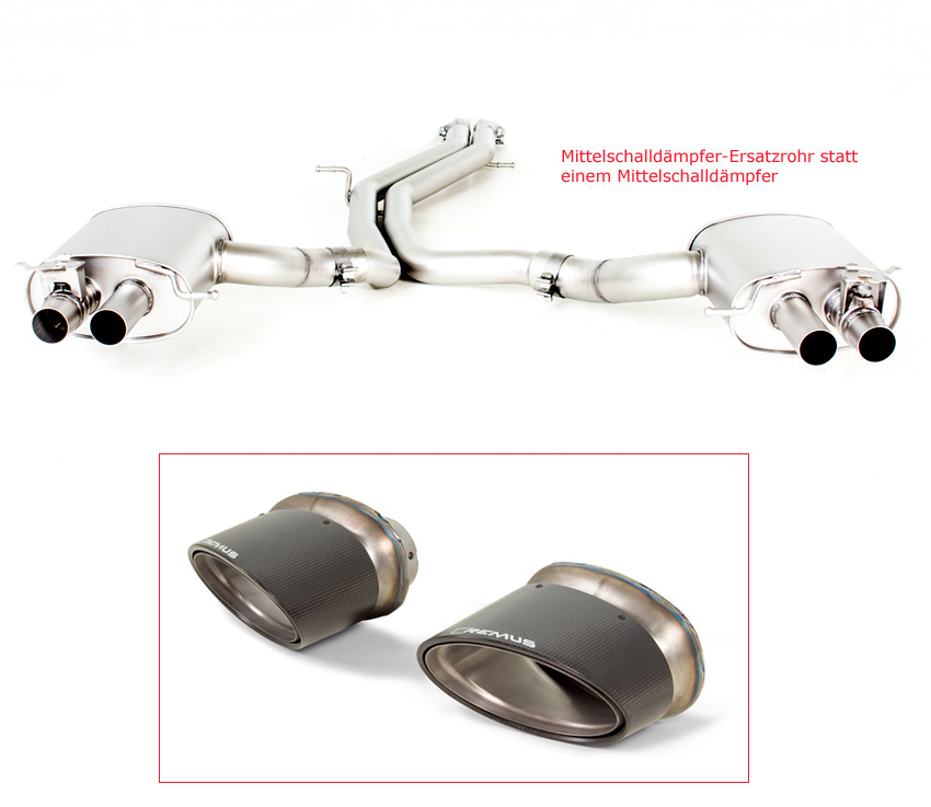 REMUS Sportauspuff / Duplex-Anlage 2x 70mm ab Kat. für: AUDI RS4 - B9 / 2.9T - 331 kW | Endrohre 2x 175x109 oval,schräg - Carbon/Titan  |  Anlage ohne MSD, ESD mit Klappen