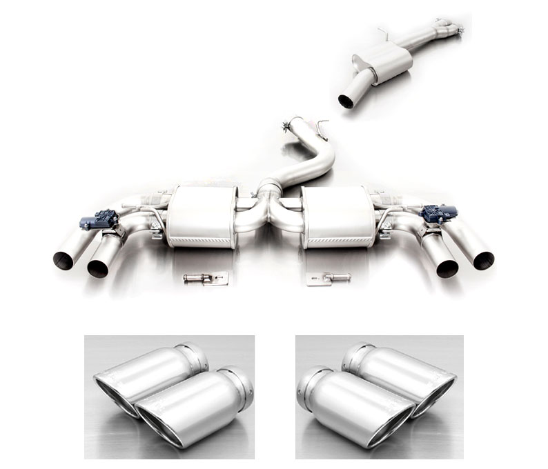 REMUS Sportauspuff / Duplex-Anlage 76mm ab Kat./OPF für: AUDI RS3 - 8V, Lim., Sportback / 2.5TFSI - 294 kW, mit OPF | Endrohre: 4x 84 rund, schräg, verchromt / ESD mit 2 Klappen
