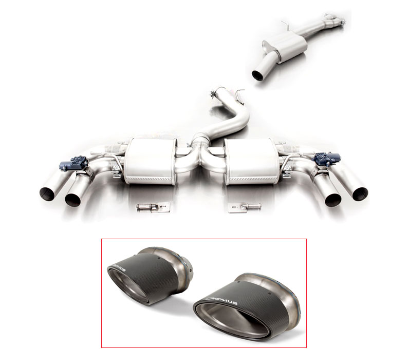 REMUS Sportauspuff / Duplex-Anlage 76mm ab Kat. für: AUDI RS3 - 8V, Lim., Sportback / 2.5TFSI - 294 kW | Endrohre: Carbon-Titan 175x108  / ESD mit 2 Klappen