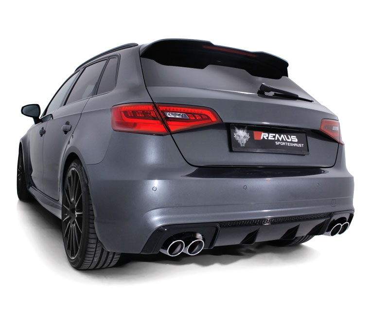 REMUS Sportauspuff / Duplex-Anlage 76mm ab Kat. für: AUDI RS3 - 8V / 2.5TFSI - 270 kW | Endrohre 4x 84 rund, schräg, verchromt / ESD mit 2 Klappen