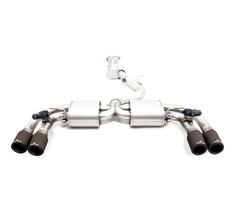 REMUS Sportauspuff / Duplex-Anlage 76mm ab Kat. für: AUDI RS3 - 8V / 2.5TFSI - 270 kW | Endrohre 4x 84 rund, schräg, Carbon/Titan / ESD mit 2 Klappen