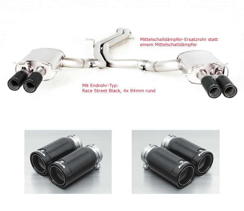 REMUS Sportauspuff / Duplex-Anlage 2x 70mm ab Kat. für: AUDI RS4 - B9 / 2.9T - 331 kW | Endrohre 4x 84 Street Race Black Chrom  |  Anlage ohne MSD, ESD mit Klappen