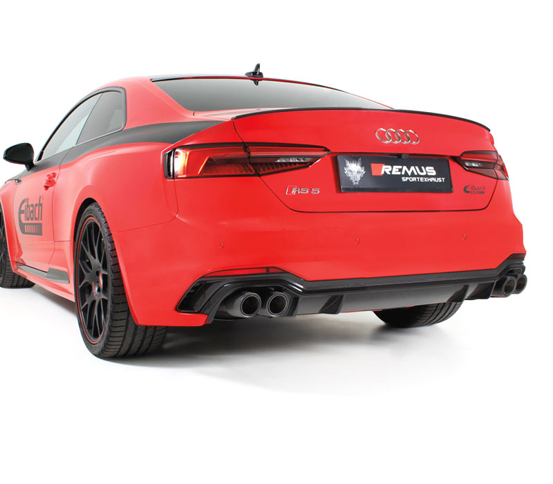 REMUS Sportauspuff / Duplex-Anlage 2x 70mm ab Kat. für: AUDI RS5 - F5 / 2.9T - 331 kW, ohne OPF |  Endrohre 4x 84 rund, schräg - Carbon,Titan / Anlage ohne MSD, ESD mit Klappen