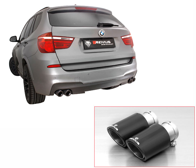 REMUS Sportauspuff / Duplex-ESD für: BMW X3 sDrive,xDrive - F25 /  20i,28i,35i,20d,30d,35d - 135,180,225,120,135,140,151,155,190,210,230 kW | Endrohre 4x 84 rund, schräg, Carbon/Titan / auch für M-Paket / Heckschürze muss ausgeschnitten werden