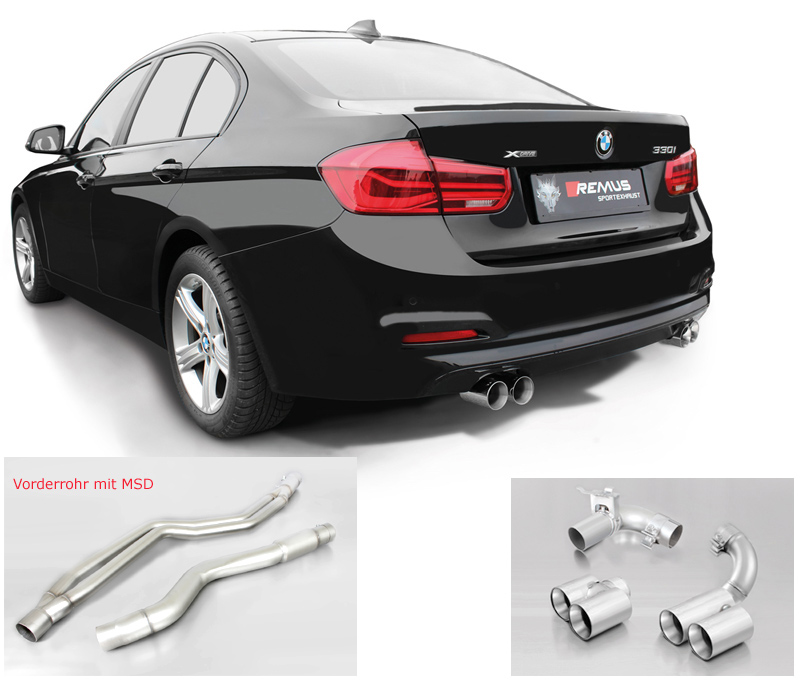 REMUS Sportauspuff / Duplex-Anlage 80mm ab Kat. für: BMW 330i, 330i xDrive - F30,F31 / 9.14- / 2.0T - 185 kW | Endrohre: 4x 76 rund, verchromt  / ESD mit Klappe / passt auch zu M-Paket