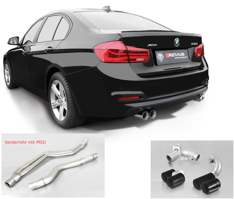 REMUS Sportauspuff / Duplex-Anlage 80mm ab Kat. für: BMW 330i, 330i xDrive - F30,F31 / 9.14- / 2.0T - 185 kW | Endrohre: 4x 76 rund, verchromt, schwarz  / ESD mit Klappe / passt auch zu M-Paket