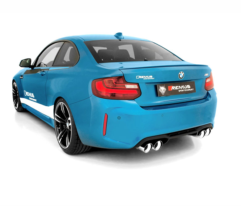 REMUS Sportauspuff / Duplex-Anlage 2x 65mm ab Kat. für: BMW M2 - F87 / 3.0T - 272 kW | Endrohre 4x 102 rund - scharf,schräg  |  mit 2 integrierten Klappen und 1 zusätzlichem elektr. Aktuator