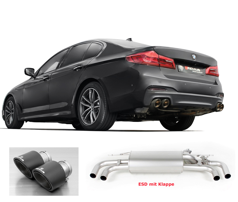 REMUS Sportauspuff / Duplex-ESD für: BMW 540i, 540ix - G30,G31 / 3.0T - 250 kW, ohne OPF (B58B30A) | Endrohre 4x 102 rund - Carbon/Titan  |  Nur für Fahrzeuge mit M-Sportpaket + Heckschürzeneinsatz des BMW 550i  - BMW Art.Nr. 51128067763