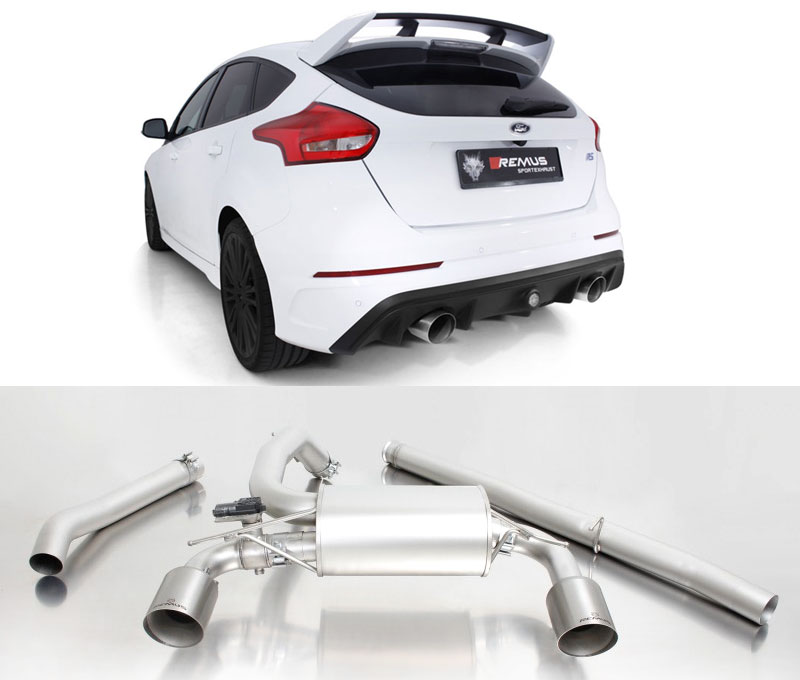 REMUS Sportauspuff / Duplex-Anlage 76mm ab Kat. für: FORD Focus RS - DYB / 2.3T - 257 kW | Endrohre 2x 115 rund, schräg, verchromt / ESD mit Klappe wie orig.
