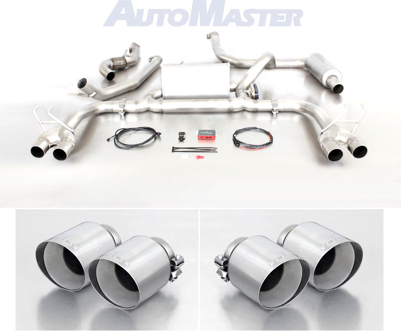 REMUS Sportauspuff / Duplex-Anlage 70mm ab Kat. für: HONDA Civic Type R - FK2 / 2.0T - 228 kW | Endrohre 4x 102 rund, verchromt | mit Klappe, (öffnen verboten)  4-stufige Fernbedienung + Stellmotor sep. erhältlich (+ Fr. 590.-).