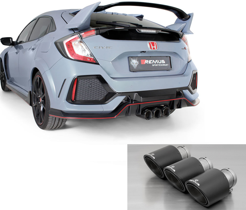 REMUS Sportauspuff / Anlage 76mm ab Kat./OPF für: HONDA Civic Type R - FK8 /  2.0T - 235 kW, ohne/mit OPF | Endrohre 3x 102 rund,schräg - Carbon/Titan / mit Klappe (öffnen verboten / Fernbedienungs-Kit optional für Fr. 650.- erhältlich)