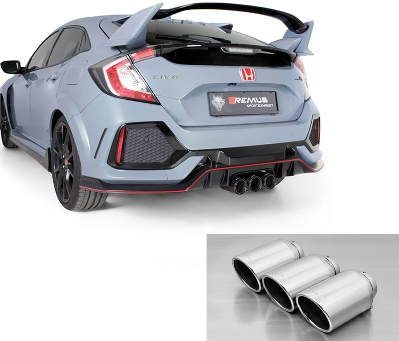 REMUS Sportauspuff / Anlage 76mm ab Kat./OPF für: HONDA Civic Type R - FK8 /  2.0T - 235 kW, ohne/mit OPF | Endrohre 3x 102 rund,schräg - verchromt / mit Klappe (öffnen verboten / Fernbedienungs-Kit optional für Fr. 650.- erhältlich)