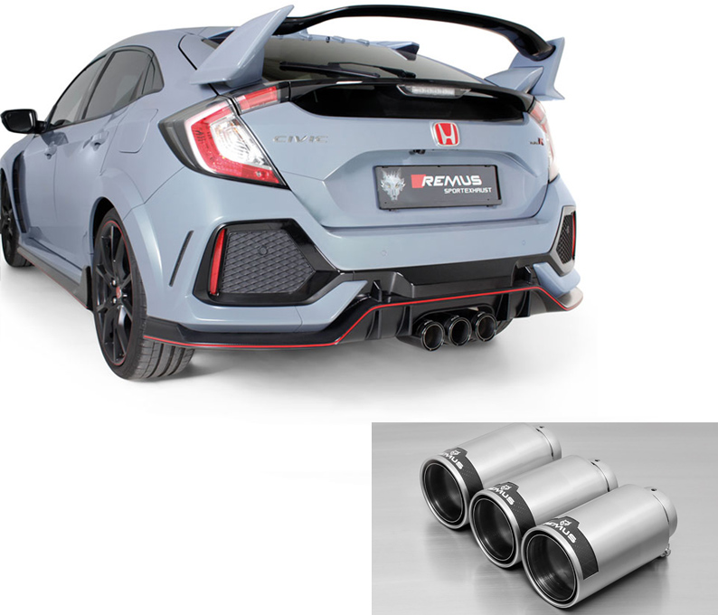 REMUS Sportauspuff / Anlage 76mm ab Kat./OPF für: HONDA Civic Type R - FK8 /  2.0T - 235 kW, ohne/mit OPF | Endrohre 3x 102 rund,schräg - Street Race Chrom / mit Klappe (öffnen verboten / Fernbedienungs-Kit optional für Fr. 650.- erhältlich)