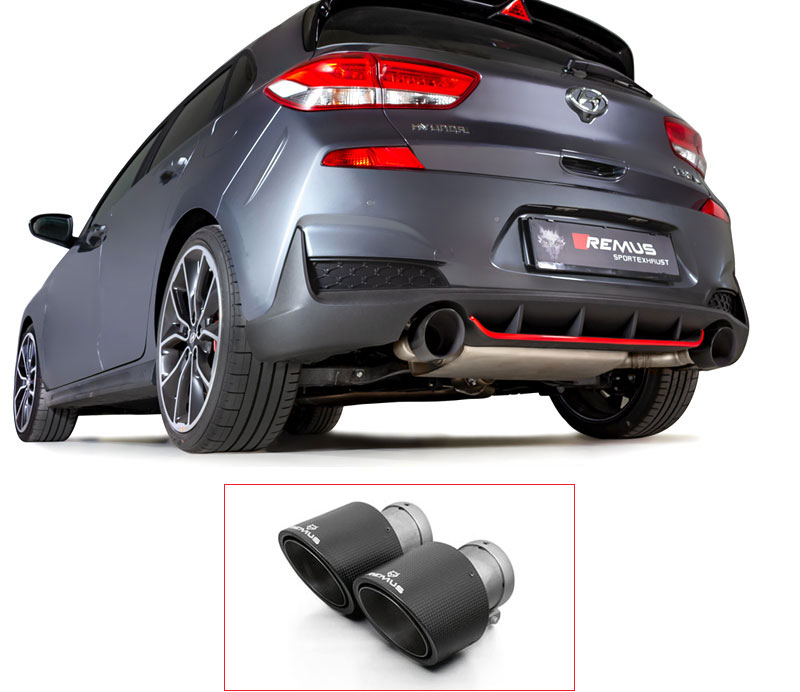 REMUS Sportauspuff / Duplex-Anlage 76mm ab Kat./OPF für: HYUNDAI i30 N Performance - PDE / 2.0T - 202 kW, mit OPF | Endrohre 2x 102 rund, schräg - Carbon/Titan |  ESD mit Klappe