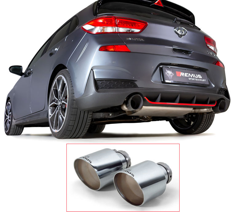 REMUS Sportauspuff / Duplex-Anlage 76mm ab Kat./OPF für: HYUNDAI i30 N Performance - PDE / 2.0T - 202 kW, mit OPF | Endrohre 2x 115 rund, schräg - verchromt / ESD mit Klappe