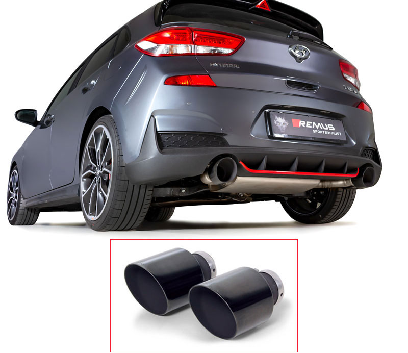 REMUS Sportauspuff / Duplex-Anlage 76mm ab Kat./OPF für: HYUNDAI i30 N Performance - PDE / 2.0T - 202 kW, mit OPF | Endrohre 2x 115 rund, schräg - Schwarz Chrom / ESD mit Klappe