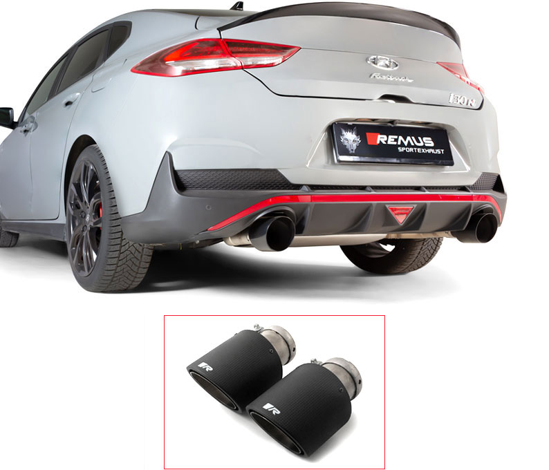 REMUS Sportauspuff / Duplex-Anlage 76mm ab Kat./OPF für: HYUNDAI i30 Fastback N Performance - PD / 2.0T - 202 kW, mit OPF | Endrohre 2x 102 rund, schräg - Carbon/Titan |  ESD mit Klappe