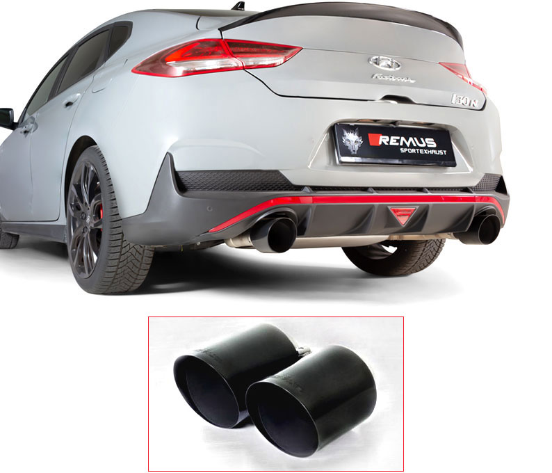 REMUS Sportauspuff / Duplex-Anlage 76mm ab Kat./OPF für: HYUNDAI i30 Fastback N Performance - PD / 2.0T - 202 kW, mit OPF | Endrohre 2x 115 rund, schräg - Schwarz Chrom / ESD mit Klappe