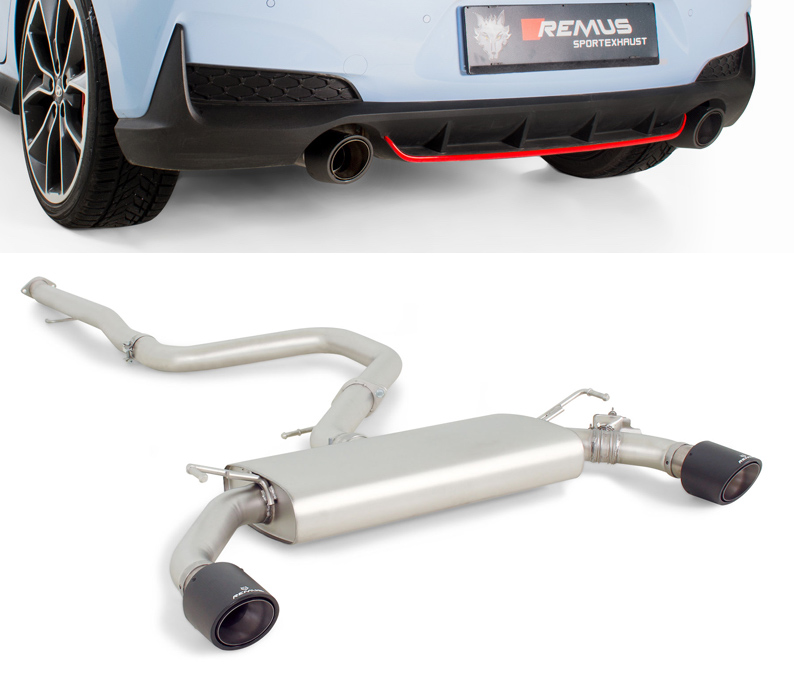 REMUS Sportauspuff / Duplex-Anlage 76mm ab Kat. für: HYUNDAI i30 N Performance - PDE / 2.0T - 202 kW | Endrohre 2x 102 rund, schräg - Carbon/Titan |  ESD mit Klappe