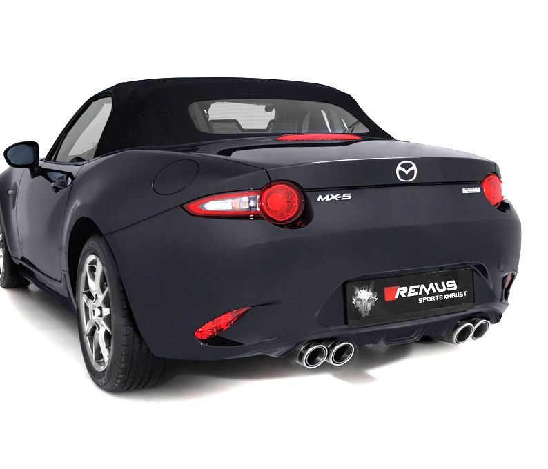 REMUS Sportauspuff / Duplex-Anlage 60mm ab Kat. für: MAZDA MX-5 - ND, G130,G160 / 1.5,2.0 - 96,118 kW |  Endrohre 4x 84 rund, schräg - Carbon Race |  Ausschneiden der Heckschürze nötig