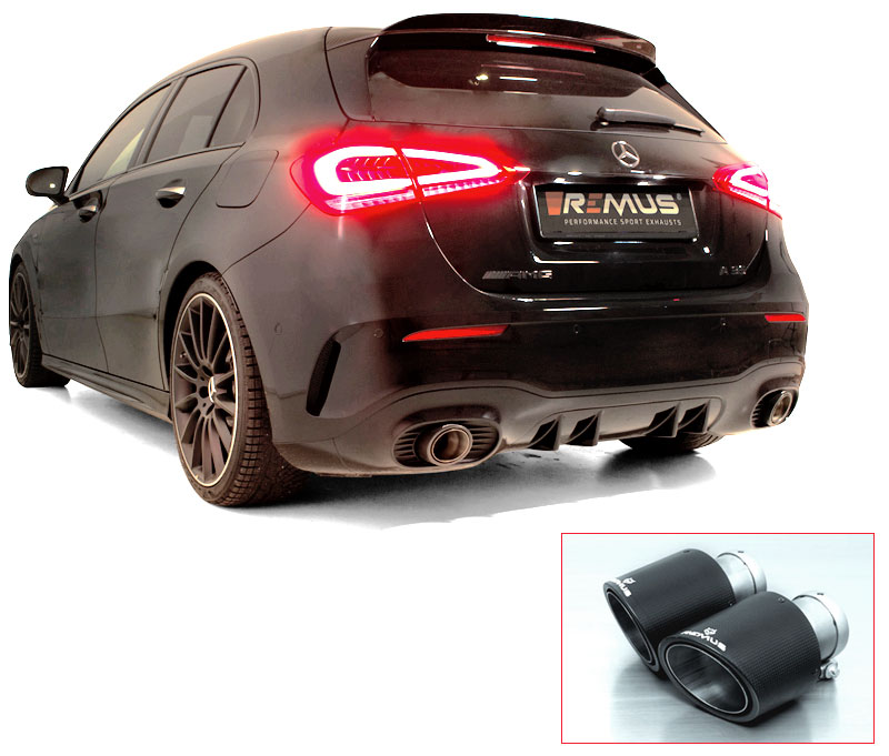 REMUS Sportauspuff / Duplex-Anlage 76mm ab Kat./OPF für: MERCEDES A35 AMG - 177, 4matic / 2.0T - 225 kW, mit OPF | Endrohre: 102 rund, schräg - Carbon/Titan  |  mit Klappe