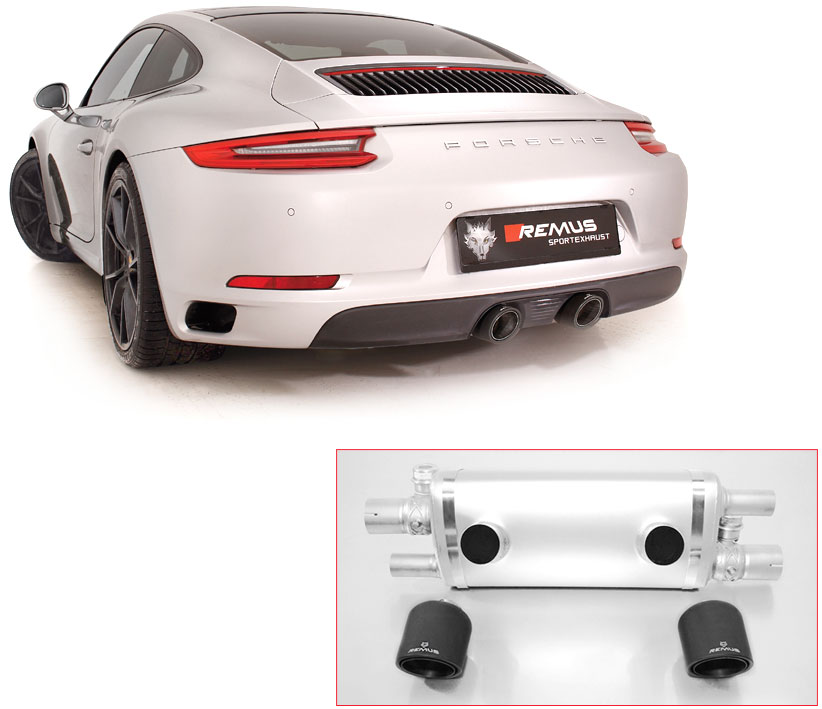 REMUS Sportauspuff / Duplex-ESD für: PORSCHE Carrera, 4, S, 4S - 991.2 / 3.0T - 272,309 kW | mit Endrohren Carbon/Titan 2x 102 rund,schräg / ESD mit Klappen / Nur für Modelle mit mittiger Porsche Sportanlage