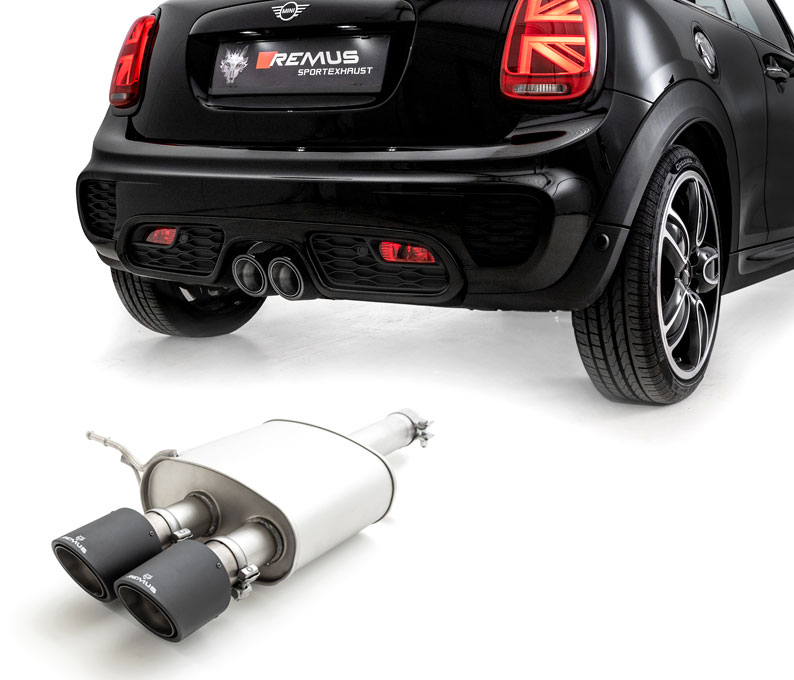 REMUS Sportauspuff / ESD für: MINI JCW - F56 / 2.0T - 170 kW, mit OPF |  Endrohre: 2x 102 rund,schräg - Carbon/Titan