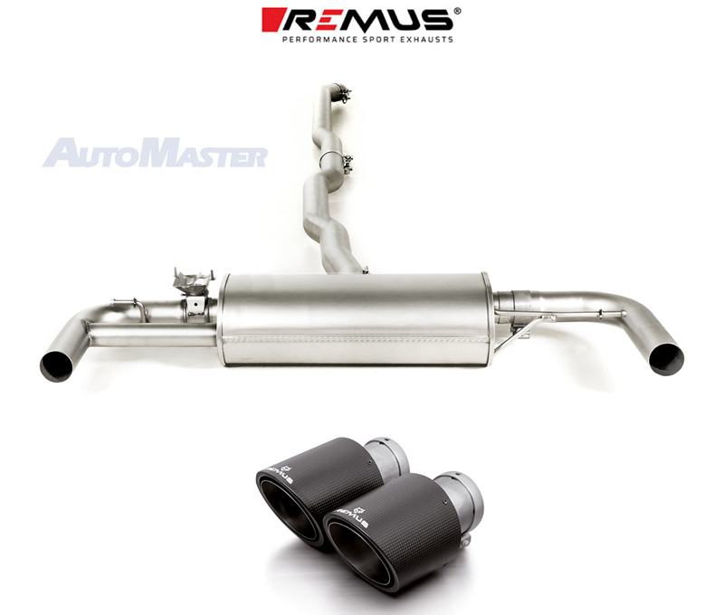 REMUS Sportauspuff / Duplex-Anlage 70mm ab Kat./OPF für: MINI Clubman JCW All4- F54 / 2.0T - 225 kW, mit OPF | Endrohre 2x 102 rund, schräg - Carbon/Titan /  mit Klappe für den Serienstellmotor