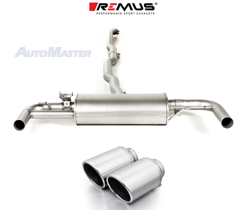 REMUS Sportauspuff / Duplex-Anlage 70mm ab Kat./OPF für: MINI Clubman JCW All4- F54 / 2.0T - 225 kW, mit OPF | Endrohre 2x 102 rund, schräg - verchromt /  mit Klappe für den Serienstellmotor