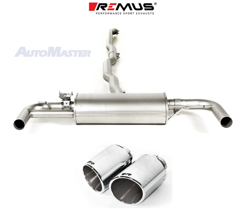 REMUS Sportauspuff / Duplex-Anlage 70mm ab Kat./OPF für: MINI Clubman JCW All4- F54 / 2.0T - 225 kW, mit OPF | Endrohre 2x 102 rund, schräg - verchromt /  mit Klappe für den Serienstellmotor