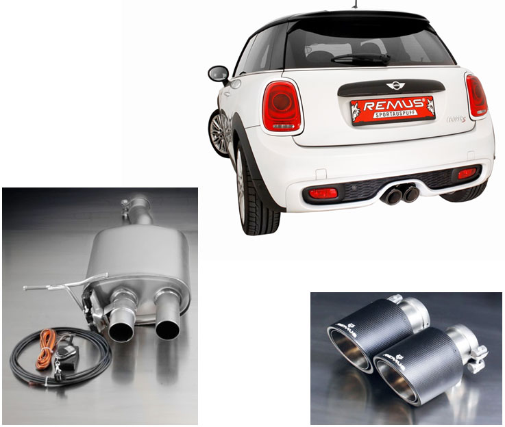 REMUS Sportauspuff / ESD für: MINI Cooper S - F56 / 2.0T - 141 kW | mit Endrohren Carbon 2x 102 rund,schräg / mit elektr. Klappe und Fernbedienung (öffnen der Klappe ist verboten)