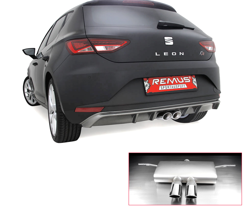REMUS Sportauspuff / ESD für: SEAT Leon FR - 5F / 1.4TSI,1.8TSI - 90,103,132 kW | mit Endrohren mittig 2x 93x74 oval, schräg, verchromt | geliefert mit ABS Heckschürzeneinsatz Ausgang mittig in Carbon Optik