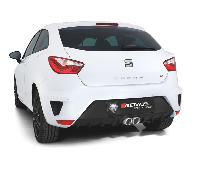 REMUS Sportauspuff / Anlage 60mm ab Kat. für: SEAT Ibiza Cupra / 1.8TSI - 141 kW |  mit Endrohren 2x 76 schräg, verchromt / ESD mit Klappe (öffnen ist verboten) 4-stufige Fernbedienung mit Stellmotor sep. erhältlich (+ Fr. 490.-)