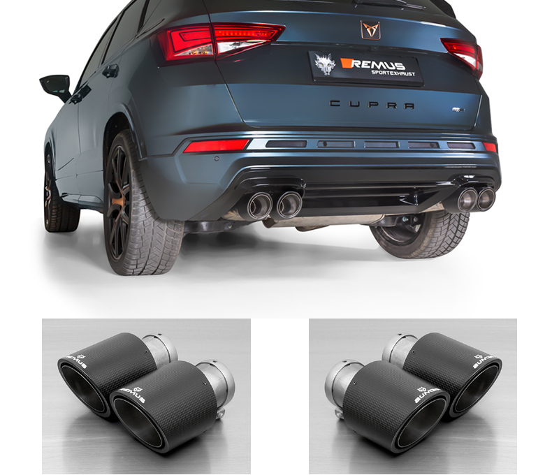 REMUS Sportauspuff / Duplex-Anlage 76mm ab Kat./OPF für: CUPRA Ateca / 2.0TSI - 221 kW | Endrohre 4x 102 rund, schräg - Carbon/Titan  |  mit 2 Klappen
