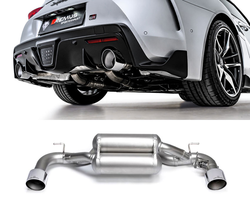 REMUS Sportauspuff / Duplex-ESD für: TOYOTA GR Supra - JTSC / 3.0T - 250 kW, mit OPF | mit Endrohren 2x 115 rund, schräg - verchromt / inkl. Klappe, passend für orig. Klappensteuerung