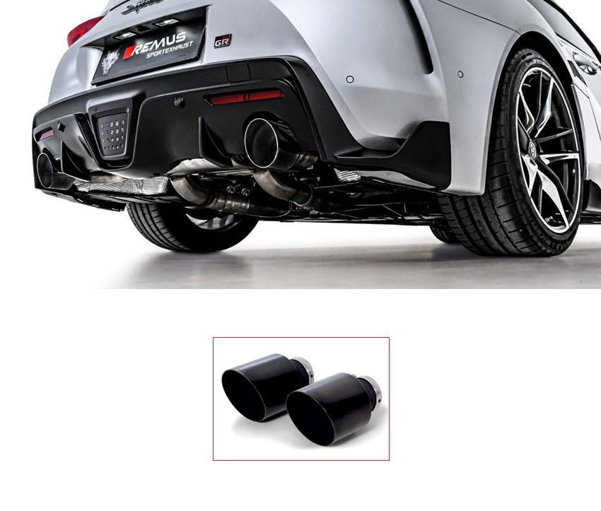 REMUS Sportauspuff / Duplex-ESD für: TOYOTA GR Supra - JTSC / 3.0T - 250 kW, mit OPF | mit Endrohren 2x 115 rund, schräg - Schwarz, verchromt / inkl. Klappe, passend für orig. Klappensteuerung