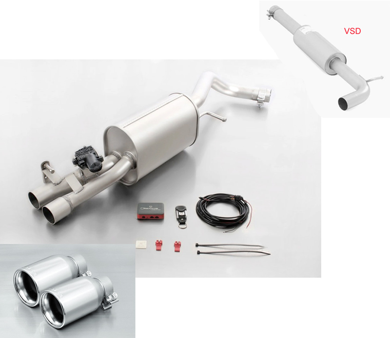 REMUS Sportauspuff / Anlage 60mm ab Kat. für: VW Polo GTI - 6R / 1.8TSI - 141 kW |  mit Endrohren 2x 90, verchromt / ESD mit Klappe (öffnen ist verboten) 4-stufige Fernbedienung mit Stellmotor sep. erhältlich (+ Fr. 490.-)