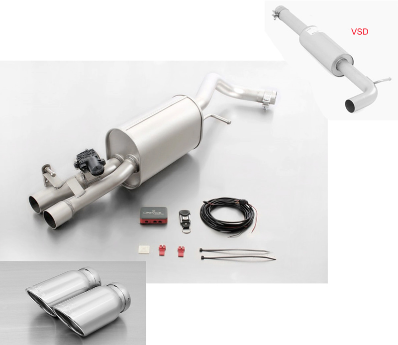 REMUS Sportauspuff / Anlage 60mm ab Kat. für: VW Polo GTI - 6R / 1.8TSI - 141 kW |  mit Endrohren 2x 84 schräg, verchromt / ESD mit Klappe (öffnen ist verboten) 4-stufige Fernbedienung mit Stellmotor sep. erhältlich (+ Fr. 490.-)