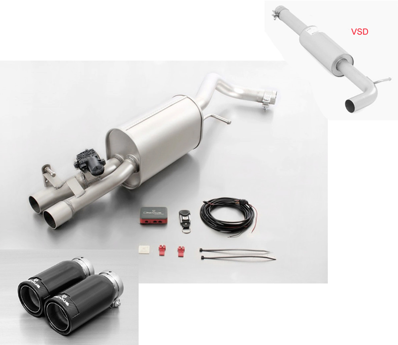 REMUS Sportauspuff / Anlage 60mm ab Kat. für: VW Polo GTI - 6R / 1.8TSI - 141 kW |  mit Endrohren 2x 84 Street Race Black Chrom / ESD mit Klappe (öffnen ist verboten) 4-stufige Fernbedienung mit Stellmotor sep. erhältlich (+ Fr. 490.-)