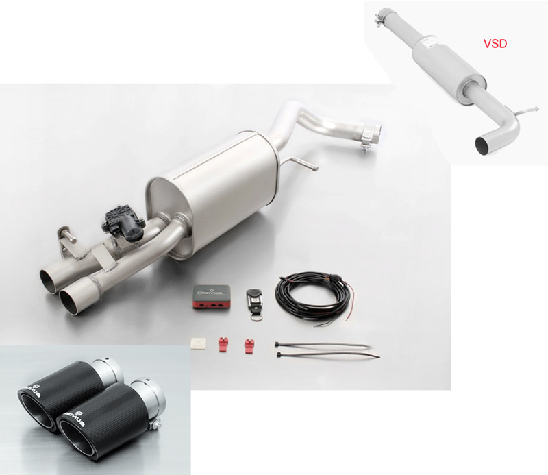 REMUS Sportauspuff / Anlage 60mm ab Kat. für: VW Polo GTI - 6R / 1.8TSI - 141 kW |  mit Endrohren 2x 84 schräg, Carbon/Titan / ESD mit Klappe (öffnen ist verboten) 4-stufige Fernbedienung mit Stellmotor sep. erhältlich (+ Fr. 490.-)